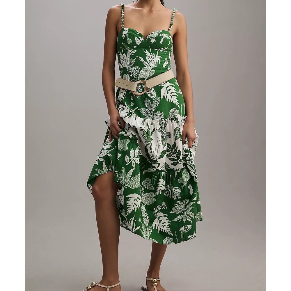 Farm Rio Forest Soul Mix Green White Tropical Leaf Print Tiered Mid Dress Large